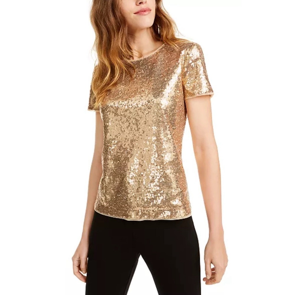 Maison Jules Champagne Gold Sequined Short Sleeve Jewel Neck Top Blouse Sz-M New